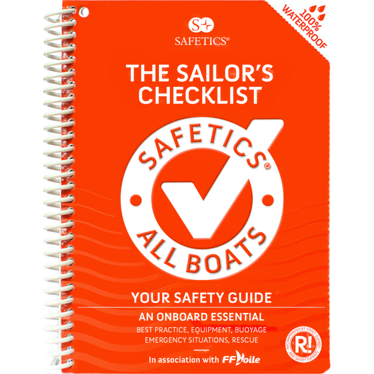 The bright orange Safetics: The Sailor’s Checklist by Safetics features a large checkmark logo, spiral binding, and waterproof cover. This maritime safety guide provides essential onboard navigation advice.