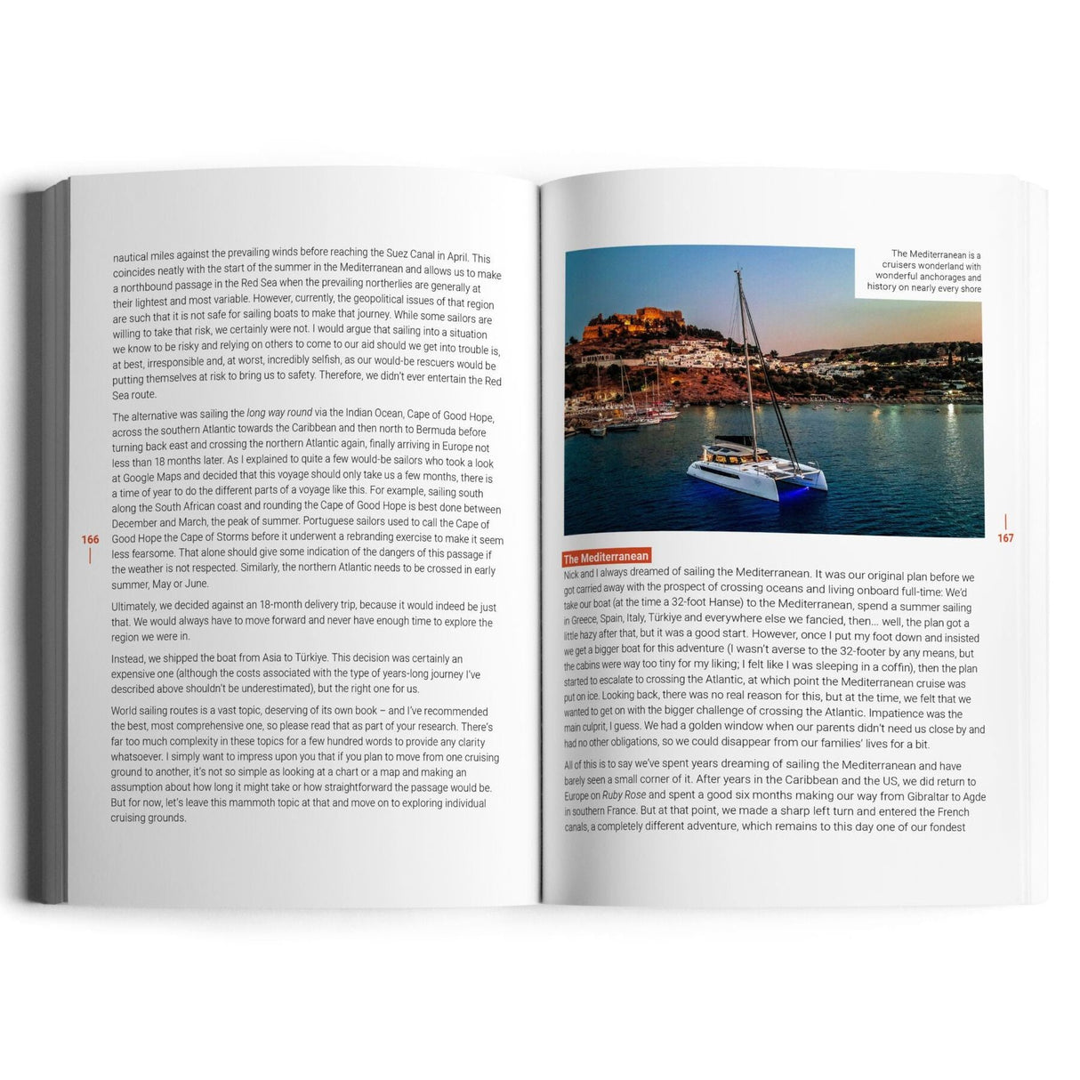 An open copy of The Boat Life Manual by Exploring Eden Media reveals text and a scenic photo of a sailboat on blue water near a colorful coastal town with hills and clear sky on the top right page.