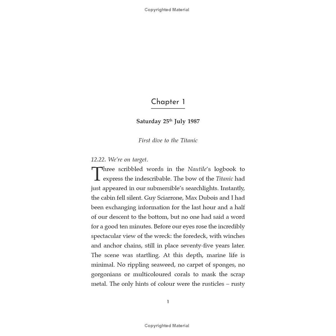 A page from "The Secrets of the Titanic" by Harper Collins, titled "Chapter 1," dated Saturday, 25th July 1987, explores an underwater expedition of the Titanic, vividly portraying the awe-inspiring sight of the legendary ship resting quietly as a significant piece of maritime history.