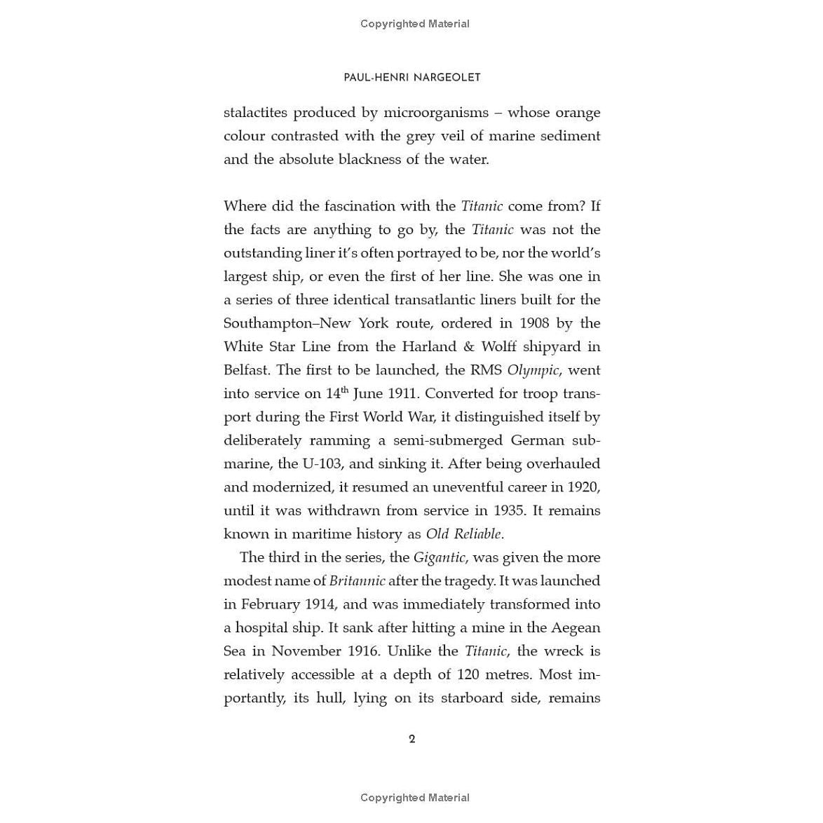 The page explores maritime history by highlighting Paul-Henri Nargeolet's enthusiasm for underwater exploration with the Titanic, as detailed in Harper Collins' "The Secrets of the Titanic." It also covers the RMS Olympic and World War I, intertwining stories of historical events and sea mysteries.
