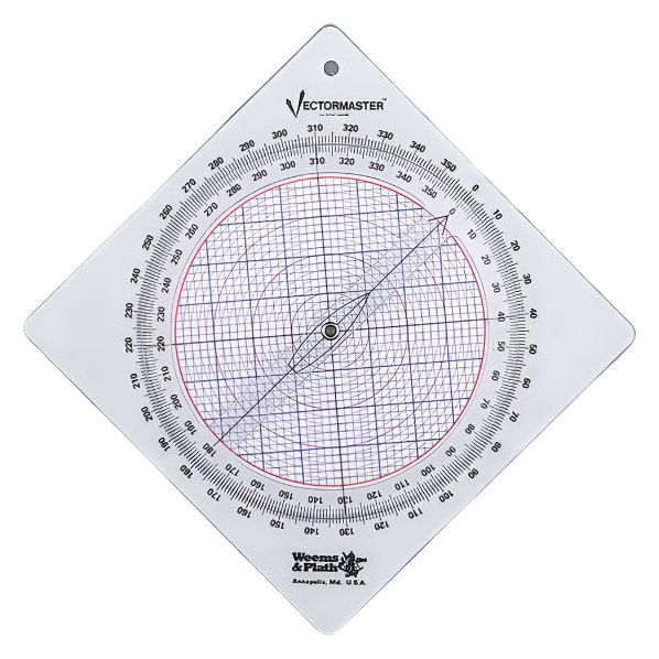 The Weems & Plath Vectormaster from SailorShop.co.uk is a clear plastic circular slide rule with red and black grids, degree markings, and a pivot point for precise course plotting and storm avoidance in aviation or marine navigation.