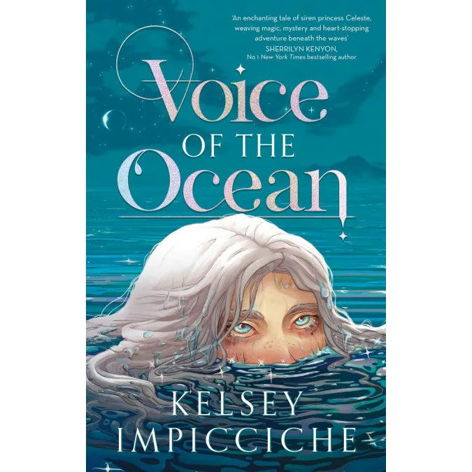 Cover art for ATOM's "Voice of the Ocean" by Kelsey Impicciche showcases a girl with long white hair and light eyes emerging from forbidden waters under a starry sky and crescent moon, evoking ancient magic.