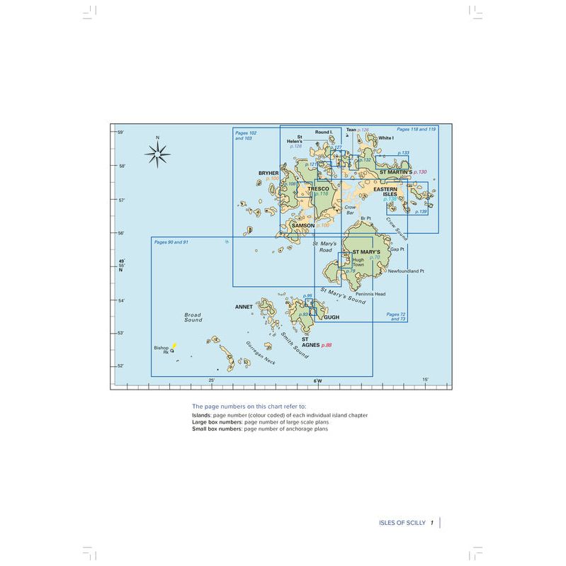 The "Isles of Scilly" by Imray is a detailed map featuring island coordinates, page references, compass rose, sailing directions, and anchorage details for navigating locations like St. Mary's and Tresco.