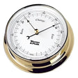 The Weems & Plath Brass Endurance 125 Barometer, crafted to embody nautical tradition with a weatherproof design, features a white face displaying the brand "Weems & Plath." Its needle indicates pressure readings labeled "Rain," "Change," and "Fair," spanning from 28 to 31 inches of mercury.