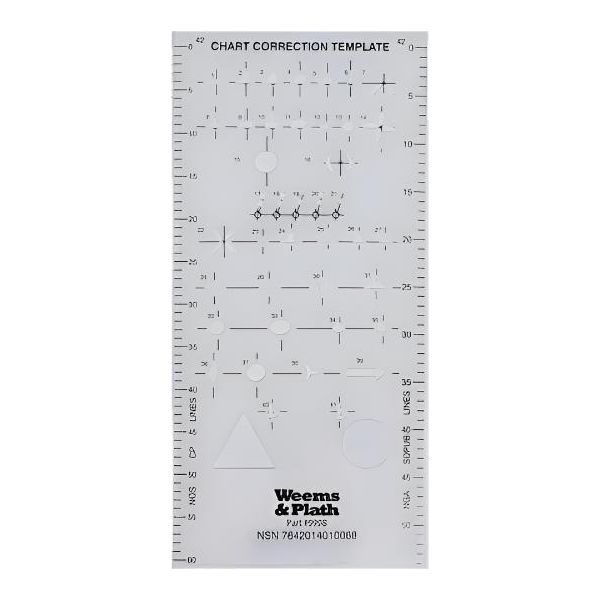The Weems & Plath Chart Correction Template is a transparent plastic tool by Weems & Plath that includes various navigational stencils and maritime buoyage symbols. It features marked measurements and item numbers to assist in making precise chart adjustments.