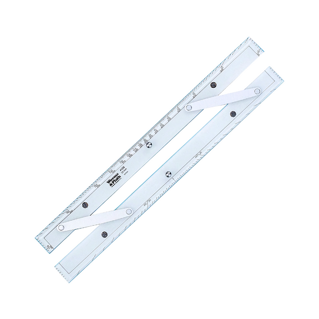 The Weems & Plath 18" Parallel Rule, crafted by Weems & Plath, features two straight edges and adjustable aluminum arms connected by precision screws, making it ideal for drafting and navigation. This essential tool in any navigation kit includes measurement markings and is elegantly displayed on a white background.