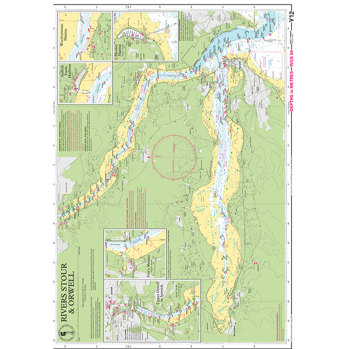 The Imray Chart Y12: Rivers Stour and Orwell by Imray displays navigation routes, depth markings, and inset maps for small craft on a vertically oriented nautical map with clearly labeled river landmarks and features.