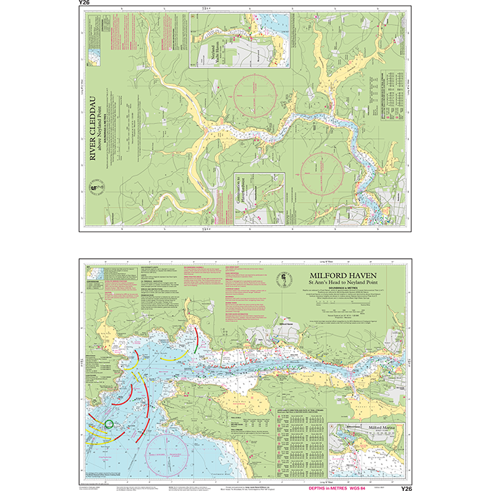 The Imray Chart Y26, titled "Milford Haven and River Cleddau," features two sections: the upper section illustrates the "River Cleddau" with meticulous water depths, land topography, and navigation markers. The lower section, labeled "Milford Haven," presents detailed harbor information, depth contours, and maritime routes of UK waterways.