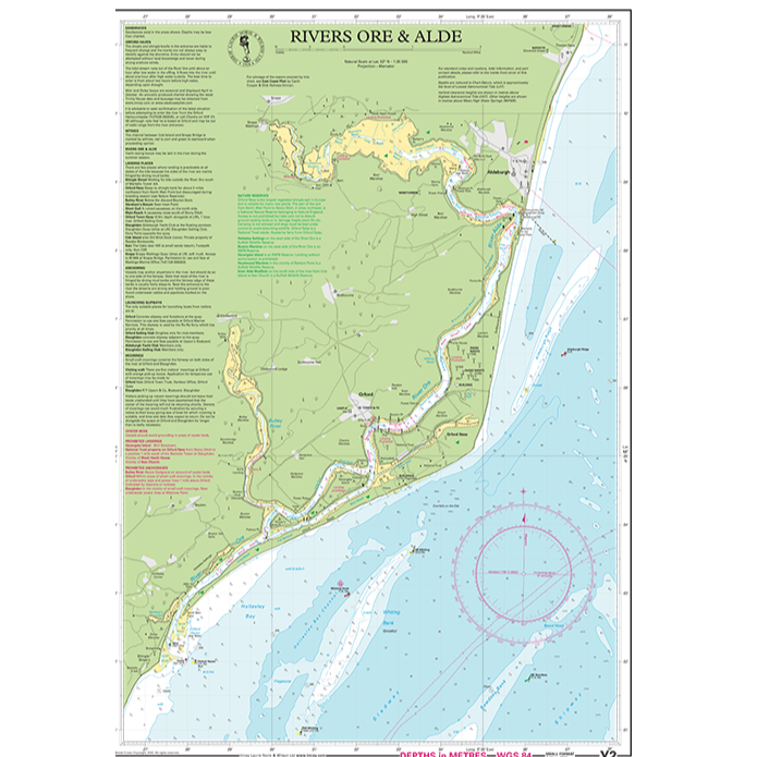 Imray Chart Y2L: Rivers Ore and Alde (Laminated) by Imray details river routes, navigation info for small craft, local towns, markers, sandbanks, and coastal features on England’s east coast. Includes a legend and notes.