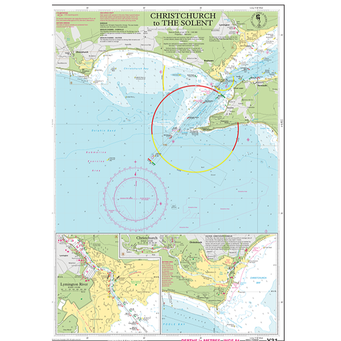 Imray Chart Y31L: Christchurch to the Solent (Laminated) by Imray features navigation markers, depth contours, and coastal details. Insets offer detailed maps of Christchurch and Lymington River areas.