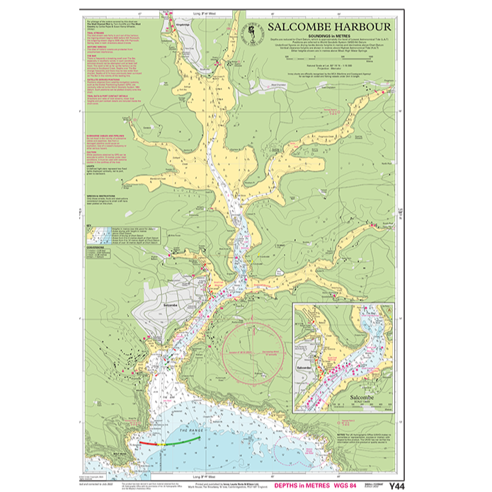 The Imray Chart Y44 | Salcombe Harbour (Small Format) by Imray features detailed topography, marine depths, navigational aids, and landmarks. It includes an inset with a closer view of Salcombe. Colored areas indicate land, water, and depth ranges. Annotations provide additional navigational information for UK waterways.