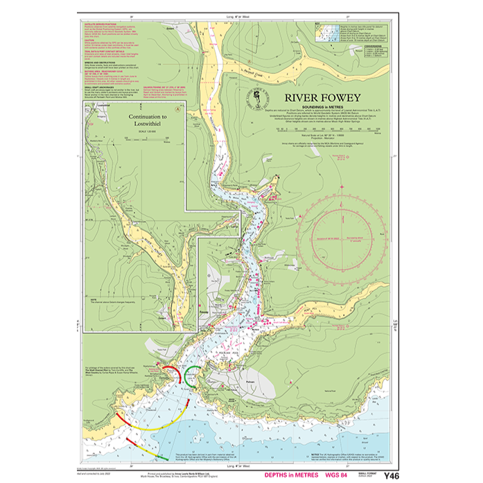 The Imray Chart Y46 | River Fowey (Small Format) by Imray offers a detailed map of the River Fowey in Cornwall, England, complete with water depths in meters, navigational markers, surrounding topography, and landmarks along the river towards Lerryn. Various annotations provide crucial information for navigation and highlight coastal features. This chart is part of the renowned Imray Y Series charts for UK waterways.