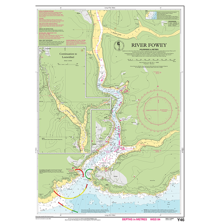 The Imray Chart Y46 | River Fowey (Small Format) by Imray offers a detailed map of the River Fowey in Cornwall, England, complete with water depths in meters, navigational markers, surrounding topography, and landmarks along the river towards Lerryn. Various annotations provide crucial information for navigation and highlight coastal features. This chart is part of the renowned Imray Y Series charts for UK waterways.