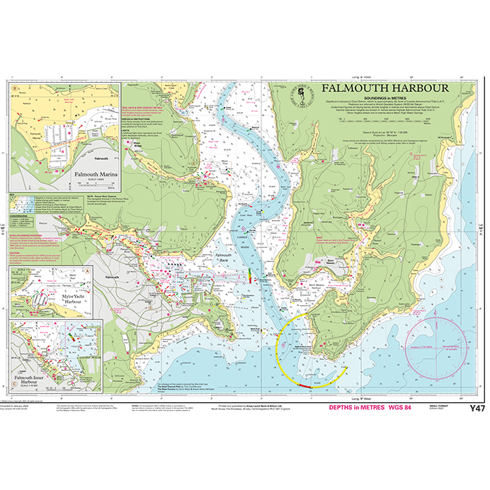 The Imray Chart Y47L | Falmouth Harbour (Laminated) from the Imray Y Series offers a detailed representation of Falmouth Harbour, including various landmarks, depth measurements in meters, navigational routes, and key points of interest. The chart features insets that provide close-up views of specific areas and is oriented with north at the top to assist with precise navigation through UK waterways.