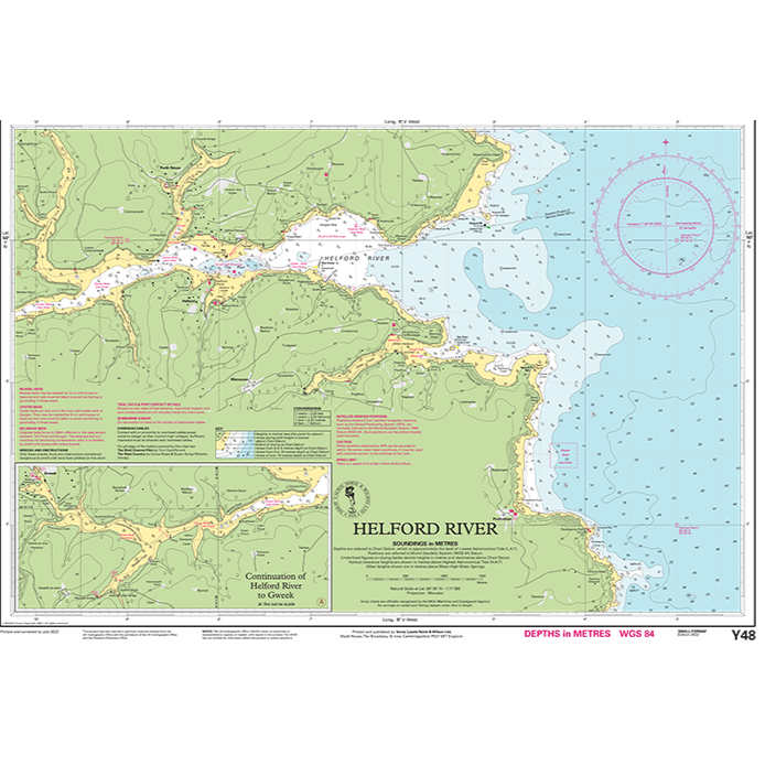 Introducing the Imray Chart Y48L | Helford River (Laminated) by Imray. This detailed nautical chart showcases the Helford River with depth measurements in meters, various navigational marks, and coastal topography. It highlights surrounding land areas, water depths, important navigational details, and routes within UK waterways.