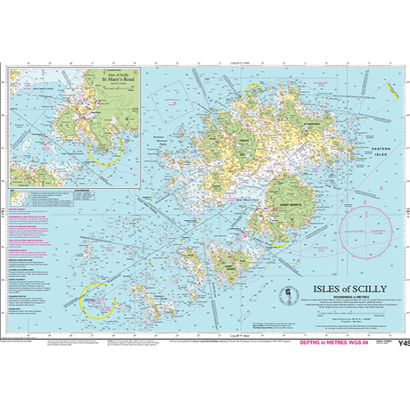 The Imray Chart Y49 | Isles of Scilly by Imray is a detailed nautical map of the Isles of Scilly, located off southwestern England. It features marine navigation routes, water depths in meters, and land elevations. Inset with St. Mary's Road in the upper left corner, this chart includes various navigational symbols and annotations typical of the Imray Y Series charts found in UK Waterways.