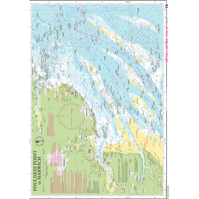 Imray Chart Y6: Foulness Point to Harwich by Imray is a detailed nautical chart for small craft, showing waterways, depths, navigation symbols, and features along England's southeast coast.