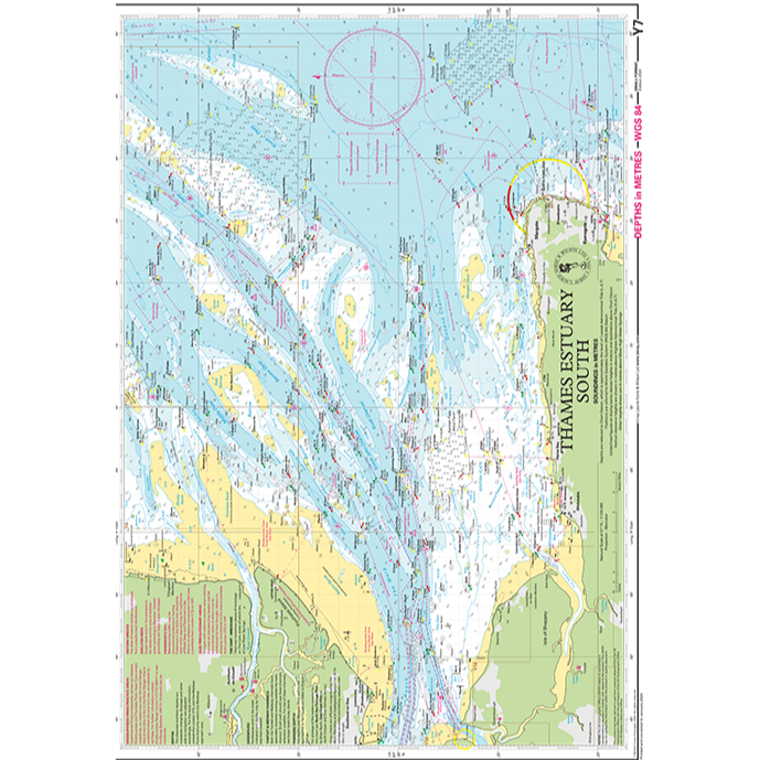 Imray Chart Y7: Thames Estuary South by Imray is ideal for small craft navigation, detailing water depths, routes, sandbanks, buoys, landmarks, and southern shoreline features with green and yellow land areas.