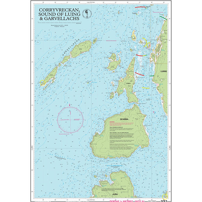 The Imray Chart Y81 (Small Format) provides a detailed nautical map featuring Corryvreckan, the Sound of Luing, and the Garvellachs. This chart includes crucial navigational information such as islands, water depths, and marked routes. Key areas like Scarba and Luing are clearly labeled with essential aids and marine information for exploring UK waterways.