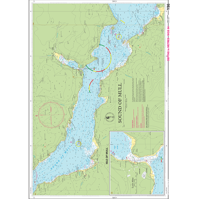 Imray Chart Y86: Sound of Mull by Imray is a nautical chart for small craft, showing depths, coastal features, navigator aids, hazards, and a detailed Isle of Mull inset. North is oriented to the left.