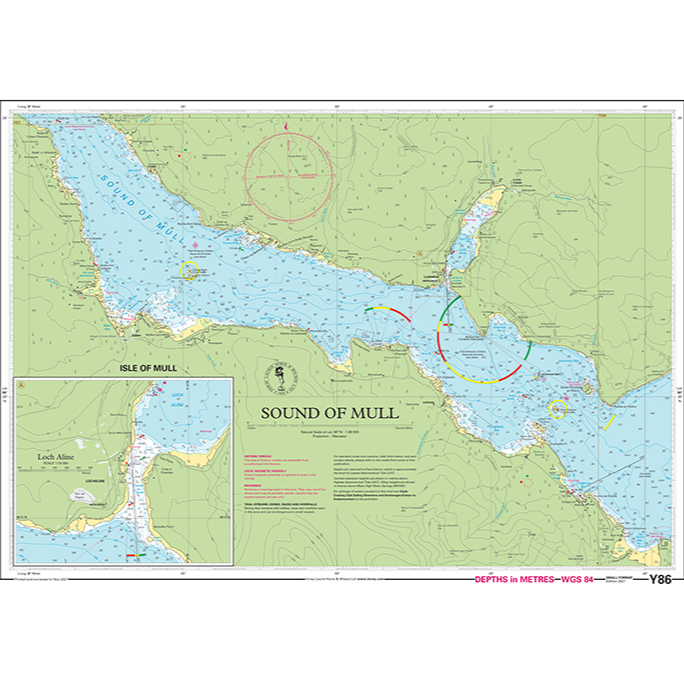 A detailed Imray Chart Y86 (Small Format) of the Sound of Mull, Scotland, featuring water depths, navigational hazards, and land elevations. The inset map of Loch Aline is located in the bottom left corner. Various navigation symbols and a compass rose are depicted. Part of the Imray Y Series Charts, it exemplifies UK Waterways precision.