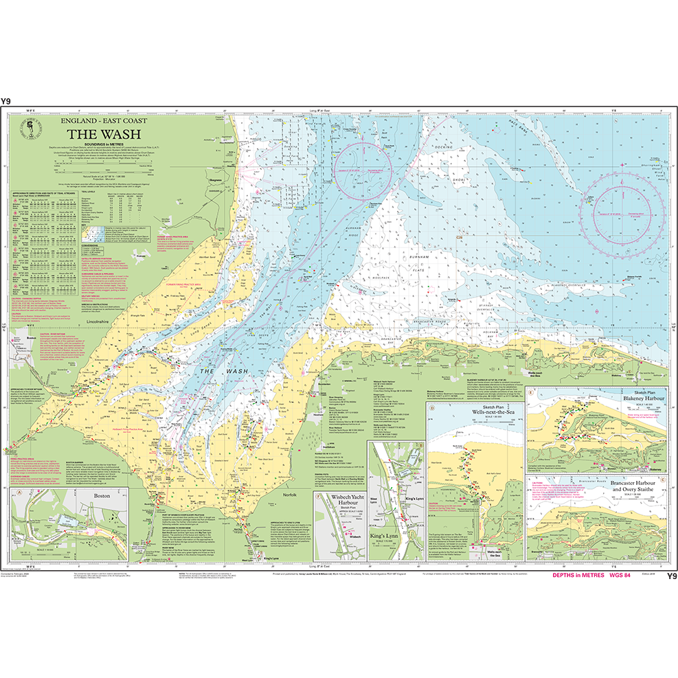 Imray Chart Y9, The Wash, by Imray, details the east coast of England and forms part of the renowned Imray Y Series charts. It includes landmarks, depth measurements, navigational aids, and surrounding coastal features. Inset maps provide additional details for specific UK waterways. Green, yellow, and blue colors denote land and water.