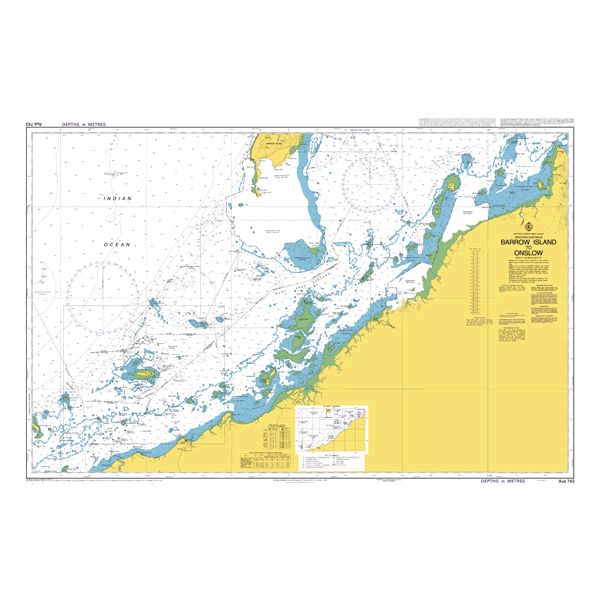 Admiralty Chart AUS743: Barrow Island to Onslow by Admiralty displays Australia’s northwest coast, with details on water depths, coastal outlines, islands, and navigation. Land areas are shaded yellow; water is shown in white and blue.