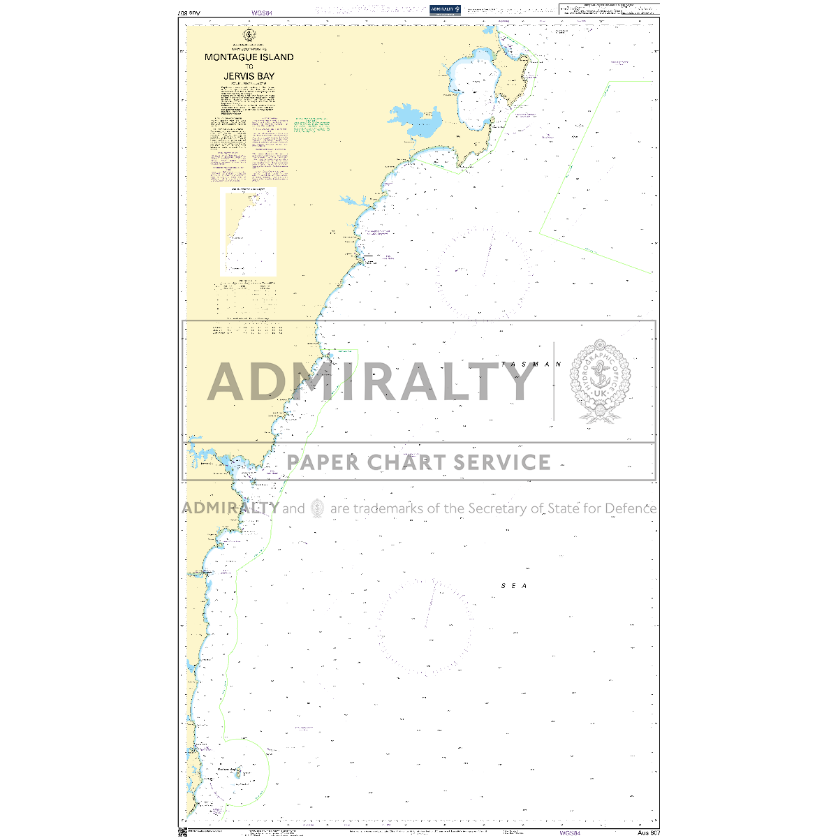 Admiralty Chart AUS807: Montague Island to Jervis Bay shows Australia’s east coast with coastal features, depth markings, navigation symbols, and a UK Hydrographic Office watermark. Brand: Admiralty.