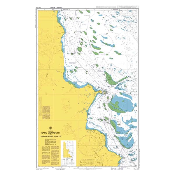 Admiralty Chart AUS835: Cape Weymouth to Cairncross Islets by Admiralty shows land in white/green, ocean in yellow, with navigation and depth symbols. Produced to Admiralty Standard Nautical Chart specs by the UK Hydrographic Office.