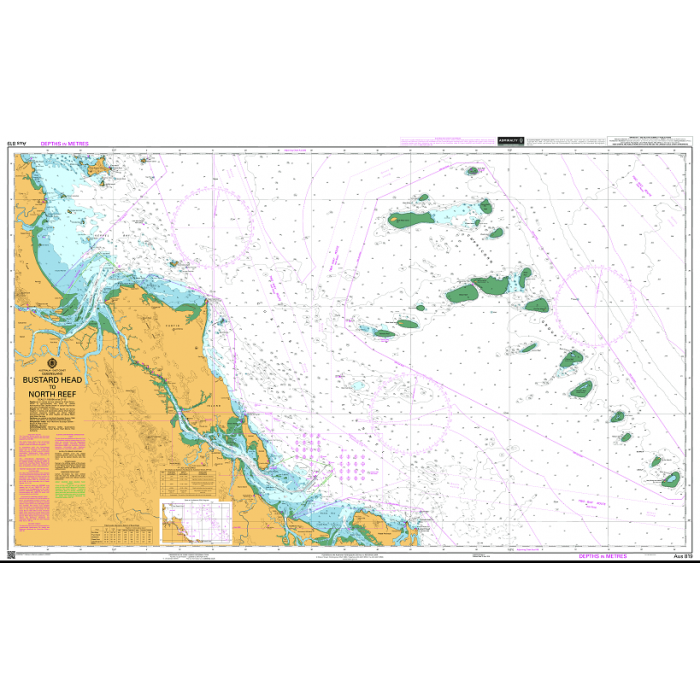 The Admiralty Chart AUS819: Bustard Head to North Reef by Admiralty offers detailed coverage of reefs, islands, routes, and water depths to aid safe navigation along Australia’s northeast coast.