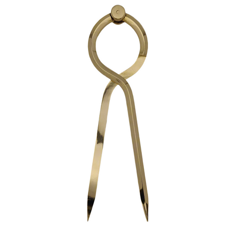 The Chartwright 8" Single-Handed Brass Dividers stand upright on a plain, light gray background. The precision instrument, adorned in golden brass, features long pointed legs and an elegantly rounded top where the legs pivot. The sleek design of these Chartwright dividers gives them a polished and sophisticated appearance.