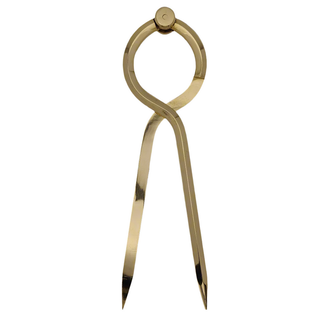 The Chartwright 8" Single-Handed Brass Dividers stand upright on a plain, light gray background. The precision instrument, adorned in golden brass, features long pointed legs and an elegantly rounded top where the legs pivot. The sleek design of these Chartwright dividers gives them a polished and sophisticated appearance.