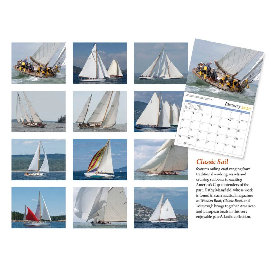 A Classic Sail 2027 Calendar by Kathy Mansfield open to January, displaying a grid of twelve photographs of classic sailboats under sail.