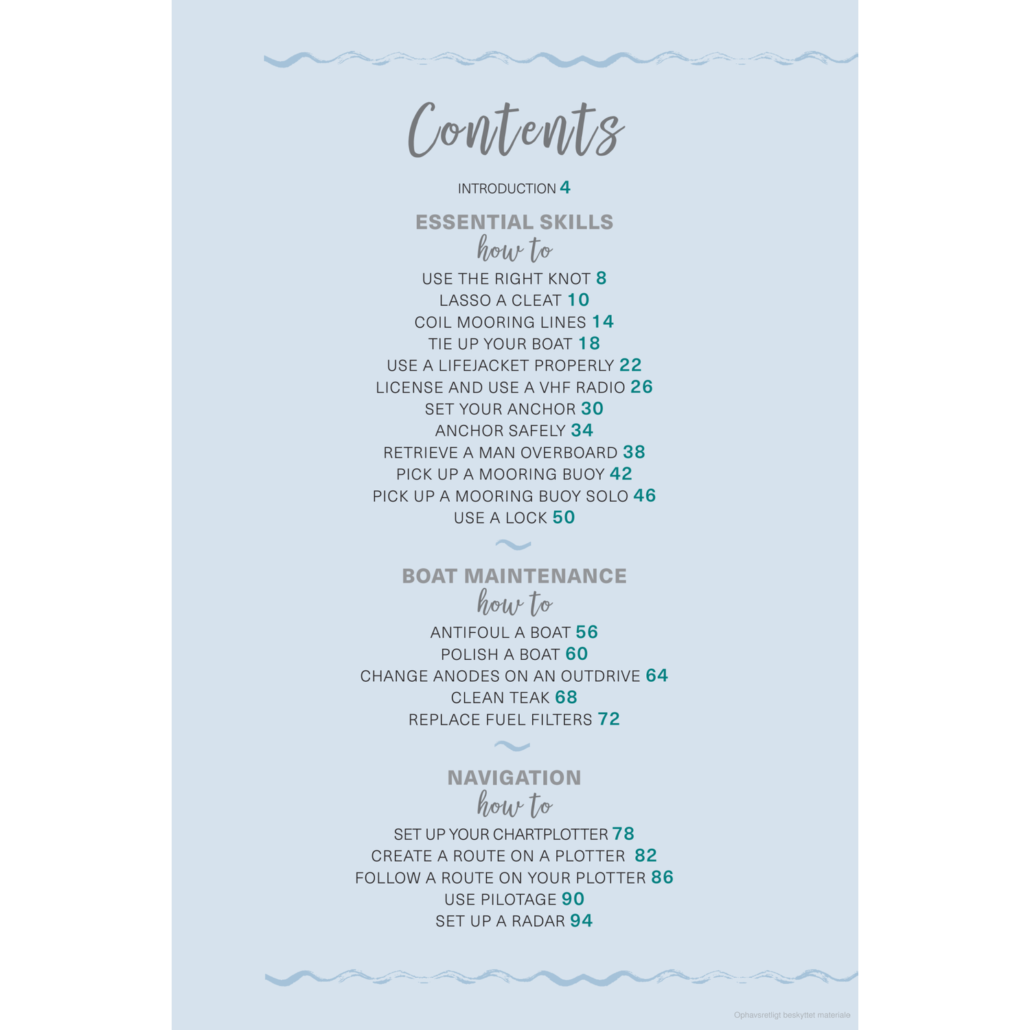 The table of contents page from the Adlard Coles publication, "Motor Boating Basics," highlights key topics such as essential skills, motor boating, boat maintenance, and navigation. It includes sections on knot tying, using boat equipment, and plotting routes with corresponding page numbers. Blue decorative elements embellish the top and bottom.