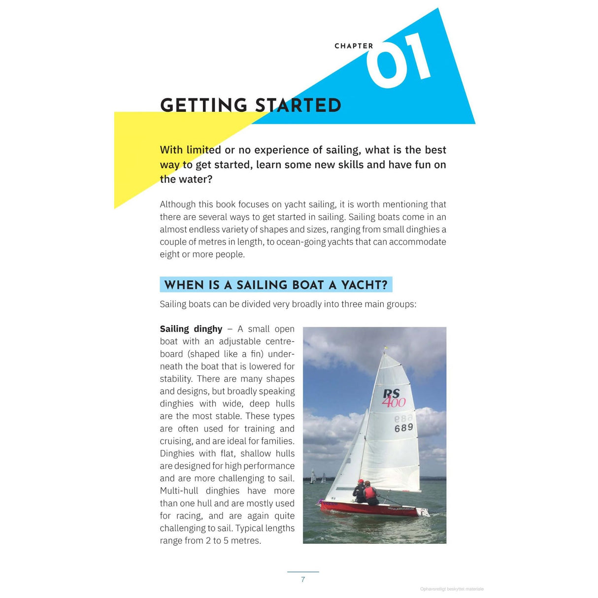 The "Getting Started" page features a photo of colorful sailboats and text from Adlard Coles' "Go Sailing" by Simon Jollands, explaining sailing dinghy, keelboat, and yacht. A blue box poses the question, "When is a sailing boat a yacht?.