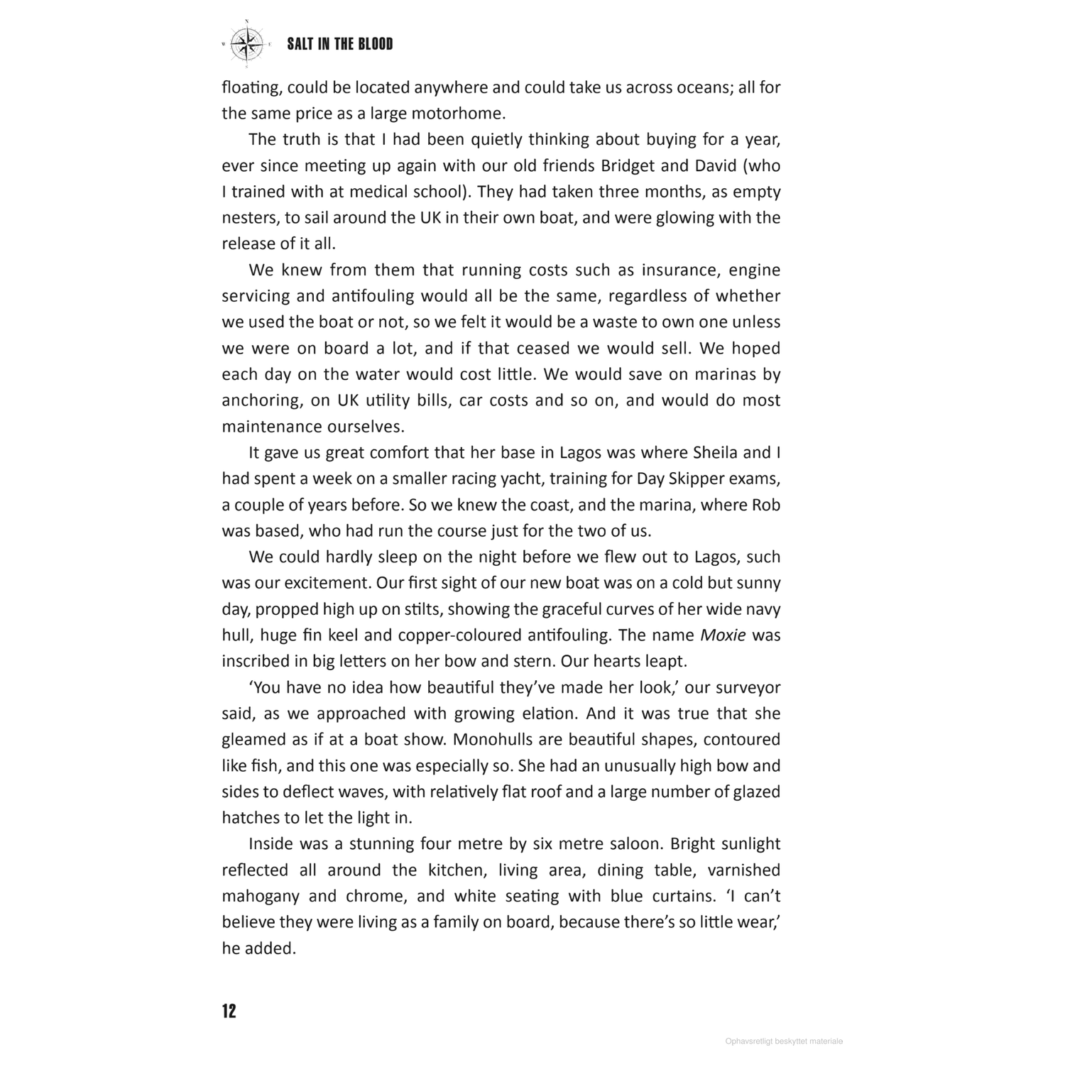 A page from Adlard Coles' novel, "Salt in the Blood," features narratives detailing a family's personal voyage on a boat. The text conveys their shared experiences of training and captures the joy of a moonlit sail as potentially the highlight of their adventure together.
