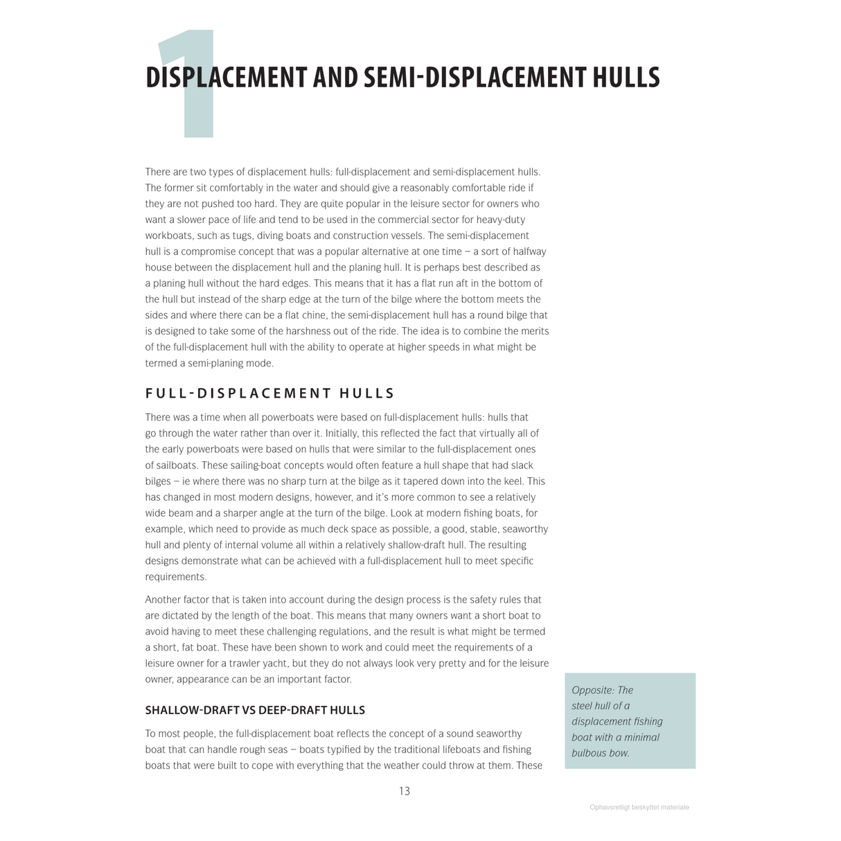 A page from a magazine titled "Powerboat Design and Performance" by Adlard Coles delves into different hull designs and their effects on powerboat performance. A sidebar image features a fishing boat with a minimal bulbous bow, identified as having a full-displacement hull, illustrating the careful consideration in hull design.