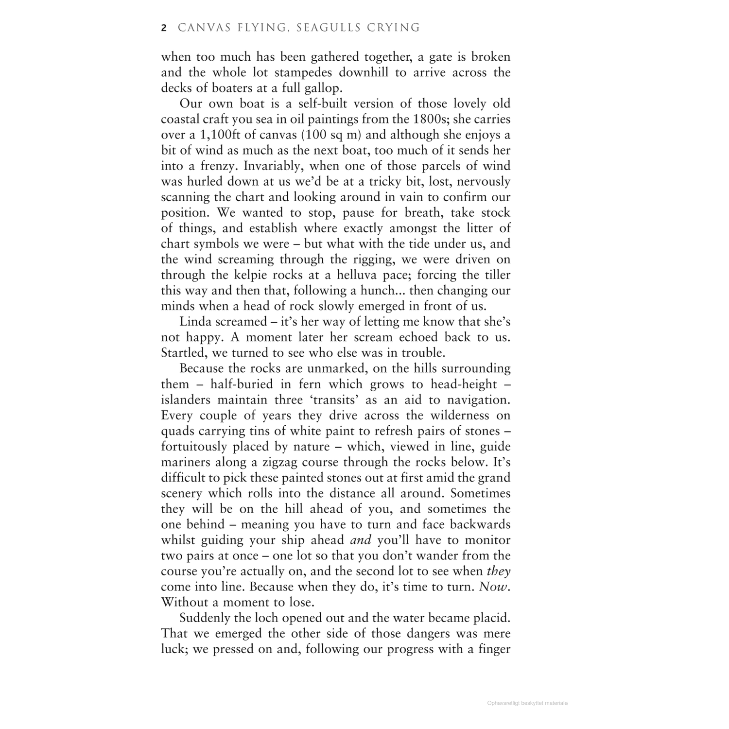 Page of text with a bold heading "Canvas Flying, Seagulls Crying by Adlard Coles." The narrative encapsulates the spirit of a nautical journey along the rugged coastline, where beauty intertwines with peril. As you steer this timeless wooden yacht, embrace each chance to progress cautiously while beneath the soaring canvas and crying seagulls above.
