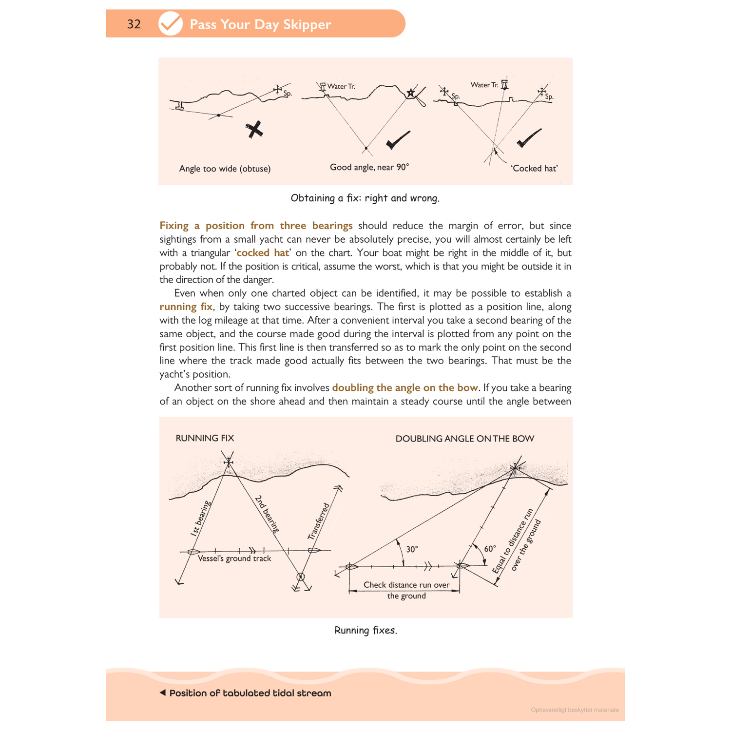 An instructional page from Adlard Coles' "Pass Your Day Skipper" book provides detailed guidance on navigation techniques such as obtaining a fix using the tri-angle method, running fix, and doubling angle on the bow. Ideal for individuals taking RYA Day Skipper courses, it features illustrations that clearly depict angles and methods for precise marine navigation.