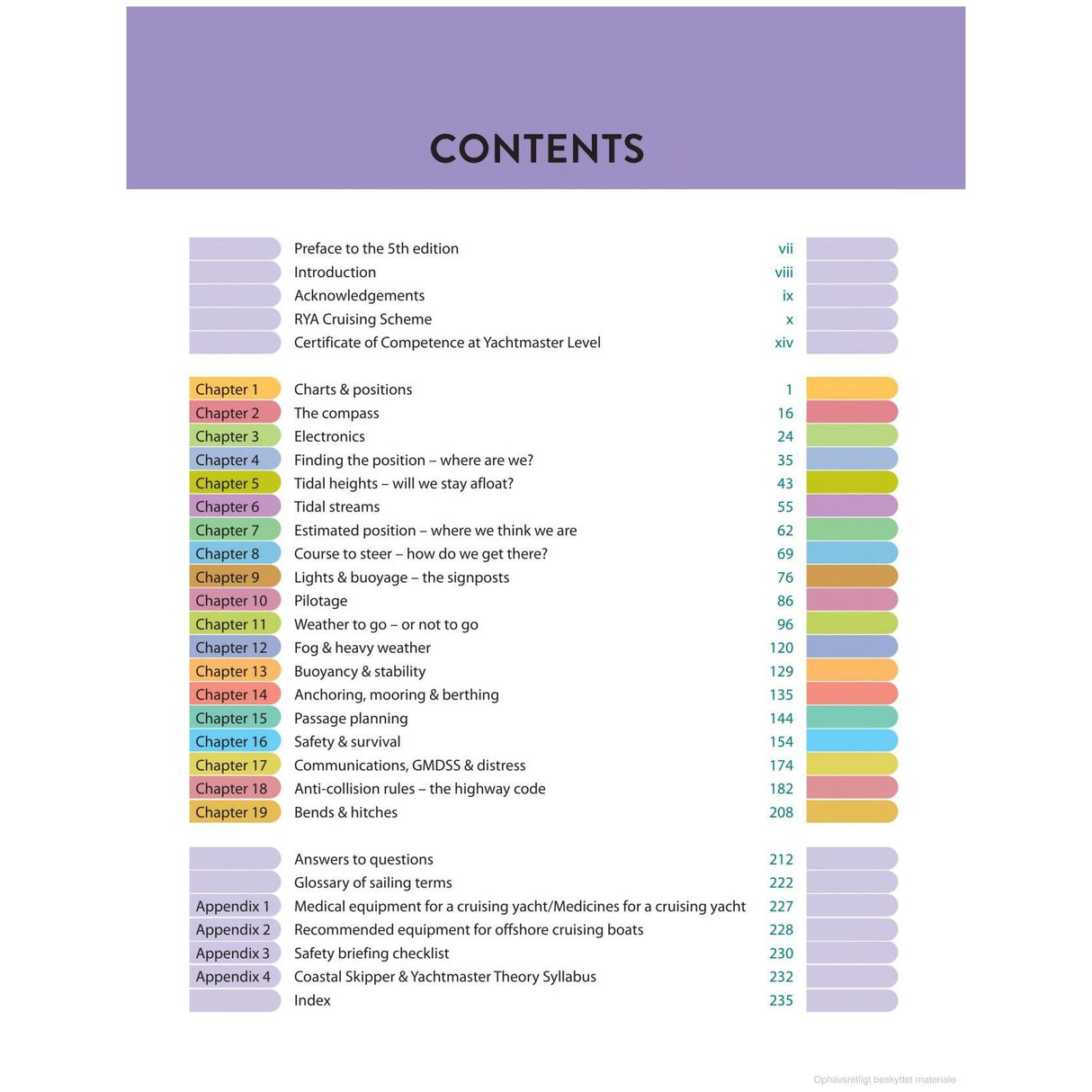 The image displays the table of contents for "Yachtmaster for Sail and Power" by Adlard Coles, featuring chapters on charts & positions, navigation, electronics, tides, pilotage, anchoring, RYA Yachtmaster guidelines on maritime safety and weather. Each chapter is color-coded and labeled with page numbers.