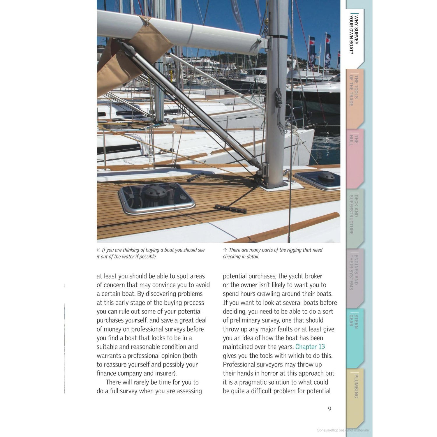 A magazine page featuring text and three images: boat rigging, sailboats in a marina, and boat equipment. It includes an article on purchasing a boat, emphasizing insights from "Be Your Own Boat Surveyor" by Adlard Coles, which outlines how to evaluate a boat's condition personally, perform professional surveys, and inspect systems for potential buyers.