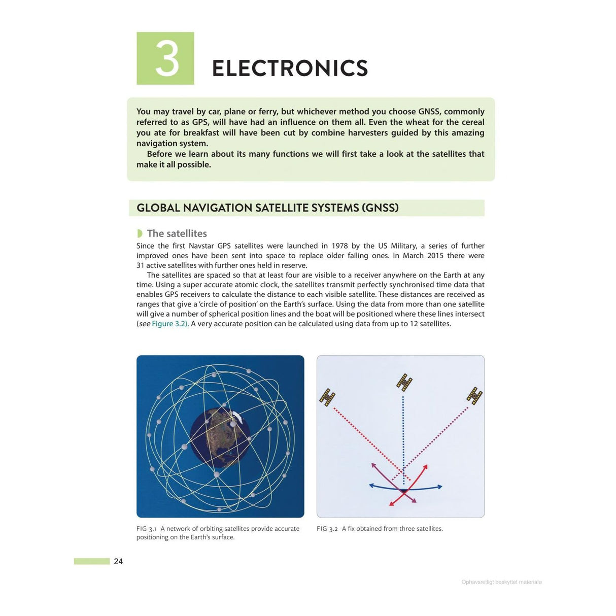 Page from "Yachtmaster for Sail and Power" by Adlard Coles. The headline reads "Global Navigation Satellite Systems (GNSS)." The text explains the history and function of satellites in GPS, highlighting their crucial role in naval navigation and maritime safety. Two diagrams illustrate satellite positions and how they provide GPS information.