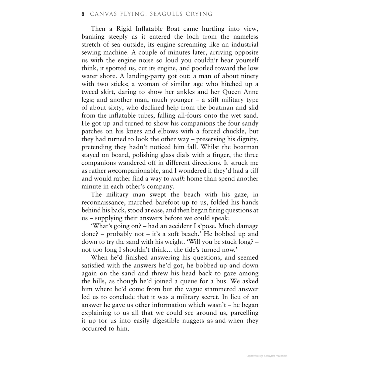 Page from "Canvas Flying, Seagulls Crying" by Adlard Coles. It vividly depicts a vibrant scene where a classic wooden yacht and a Rigid Inflatable Boat meet in a loch. Amid the fluttering canvas and the seagulls' cries, there's an amusing encounter with a deer that adds charm to this cruising adventure.