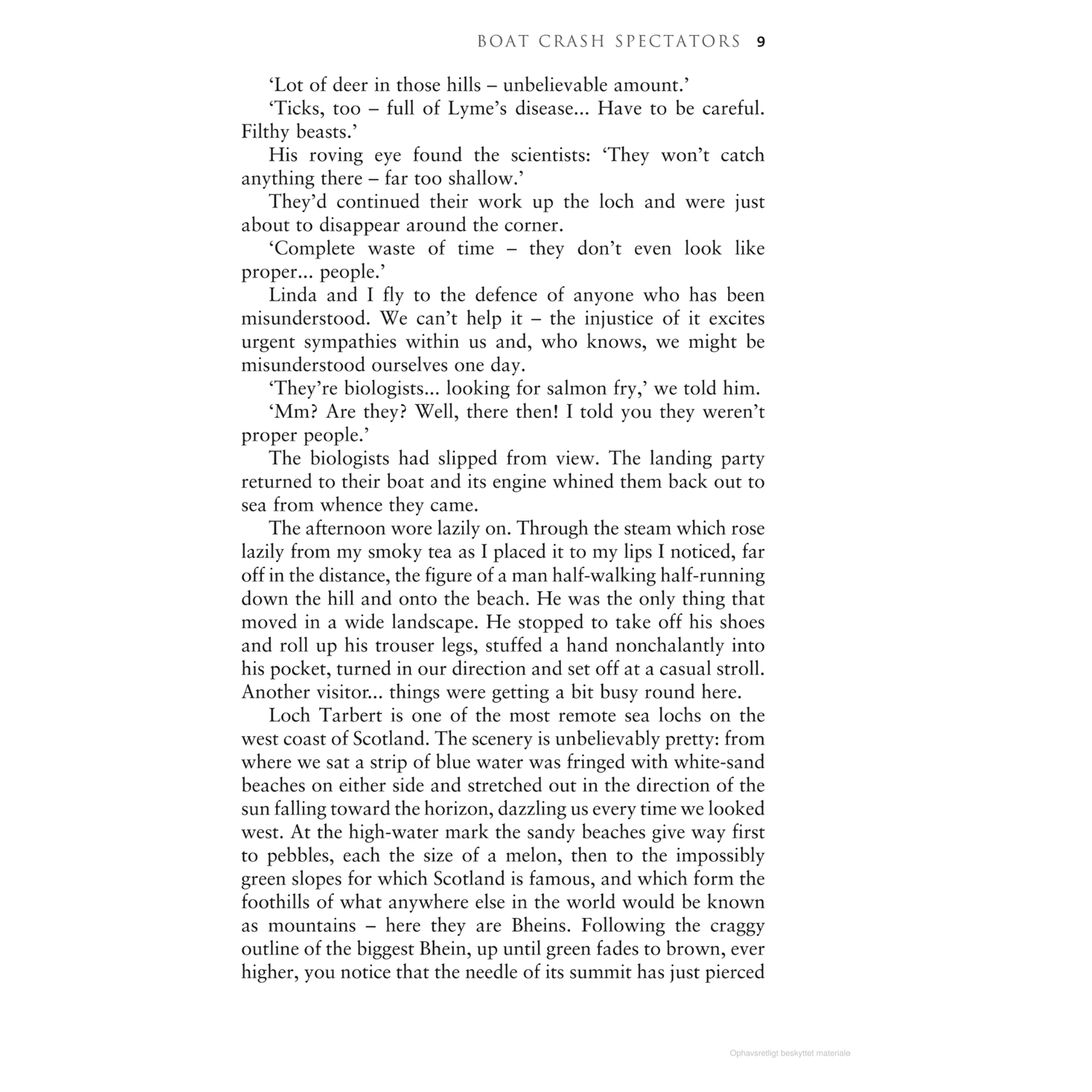 Page from a book titled "Boat Crash Spectators." The text discusses deer, Lyme disease, and scientists. The conversation includes the defense of someone misunderstood, salmon fry, and the sight of a classic wooden yacht gently drifting by while Adlard Coles' "Canvas Flying, Seagulls Crying" plays overhead.