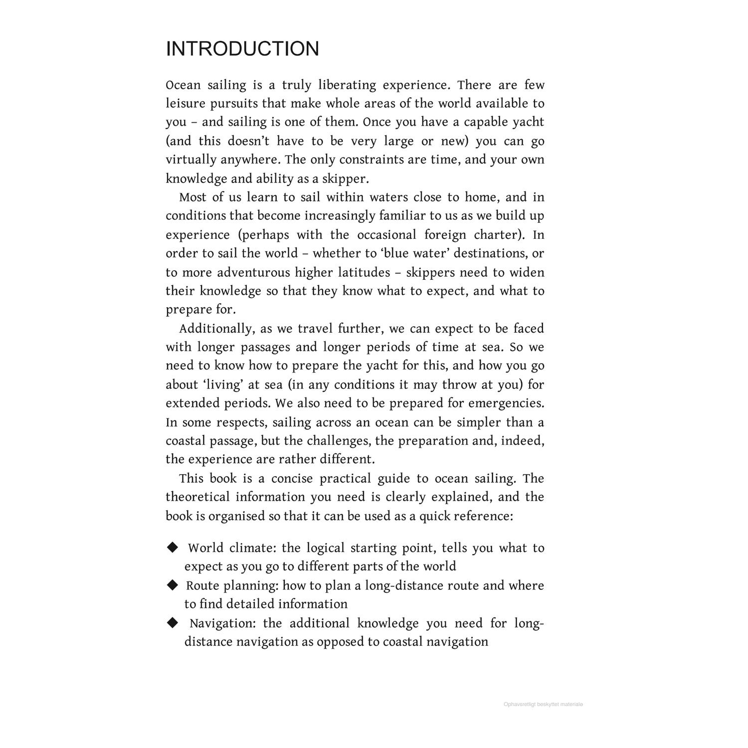 A page titled "Introduction" in the Reeds Ocean Handbook by Reeds discusses the liberating experience of ocean sailing, emphasizing the importance of gaining experience and knowledge to prepare for long passages. Key aspects, including limited provisioning and celestial navigation, are covered in detail within this essential handbook for successful blue water sailing.