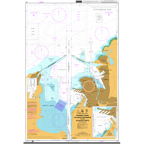 Admiralty Chart CP1: Panama Canal Atlantic Entrance including Adjacent Ports by Admiralty provides detailed water depths, marina facilities, and navigational routes in Bahía Limón to support safe navigation along the coast.
