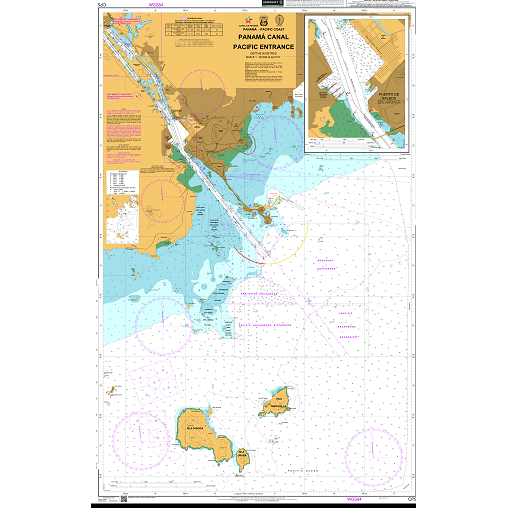 Admiralty Chart CP5: Panama Canal Pacific Entrance by Admiralty details navigation routes, depths, islands, safety zones, and coastal features, with an inset of the entrance area to aid SOLAS compliance.
