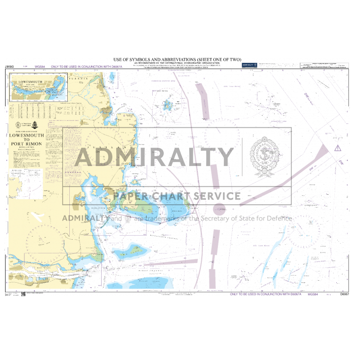Admiralty Chart D6067: Use of Symb & Abbrev (sheet 1 of 2)—a detailed Admiralty nautical chart explaining symbols and abbreviations for maritime navigation; features "ADMIRALTY PAPER CHART SERVICE" watermark.