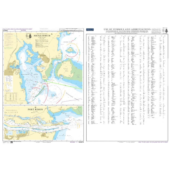 Admiralty Chart D6067A (sheet 2 of 2) displays waterways near Micklefirh and Port Rimon with coastal details, depth markings, and navigation aids. The chart also lists maritime symbols and abbreviations per Admiralty standards.