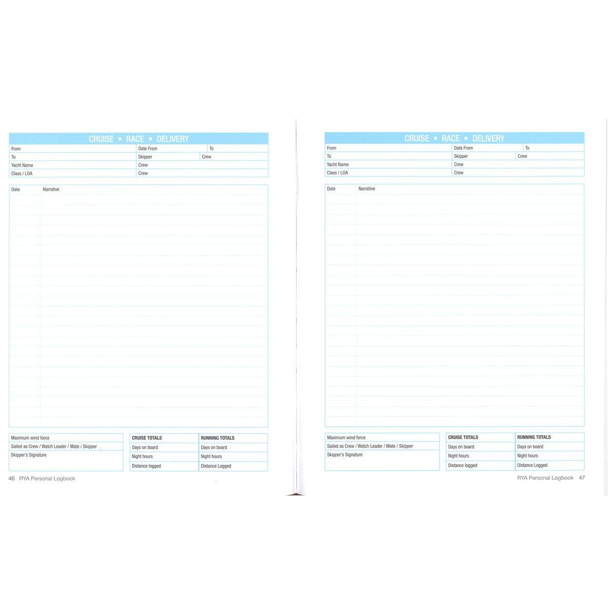 The RYA Personal Logbook by the Royal Yachting Association features forms for cruise details, race records, and delivery specifics, with sections for date, crew names, yacht info, and running totals—ideal for sailing adventures and mileage tracking.